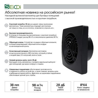 Накладной тонкий вентилятор Seicoi Floxy 100 Black SMPS04-01
